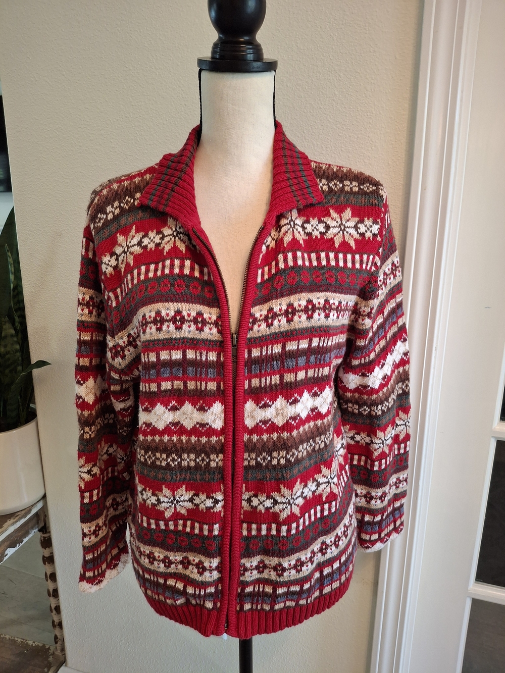 Cottagecore Mountain Lake Red Fair Isle Zip Knit Front Women's Cardigan